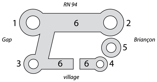 1 tour d’angle Nord-ouest<br /> 2 tour d’angle Nord-est<br /> 3 tour d’angle Sud-ouest<br /> 4 tour d’angle Sud-est<br /> 5 donjon<br /> 6 corps du bâtiment.